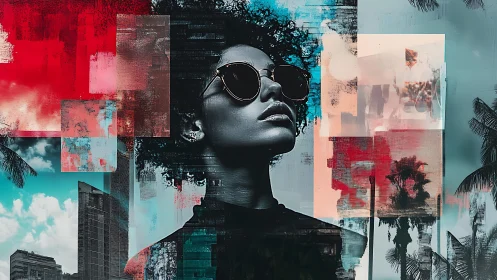 Monochrome portrait overlays urban palm landscape fragments