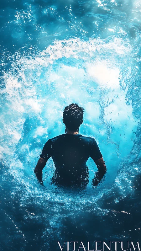 Backlit swimmer descends into cyan surf from aerial view