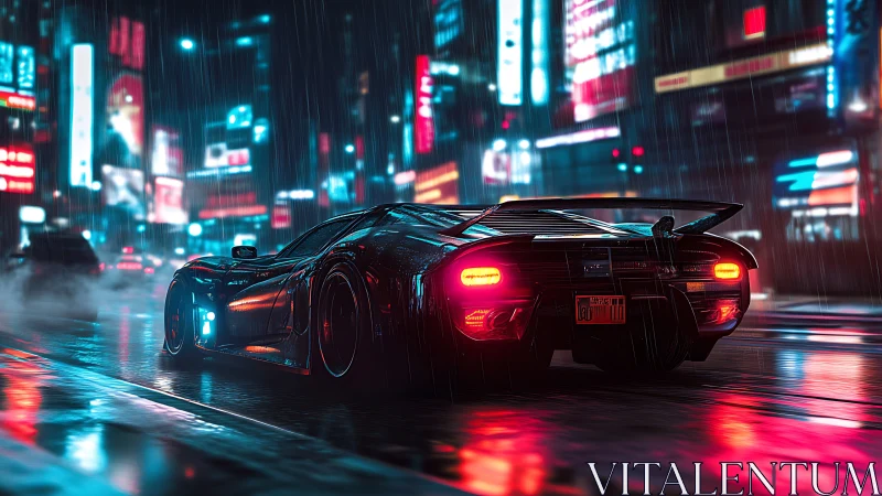 Neon supercar powers through rainy cyberpunk city streets.