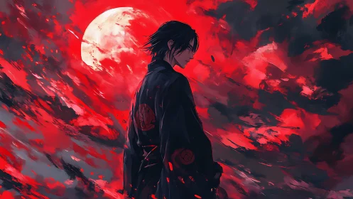 Solitary anime swordsman contemplates beneath a blood-red moon