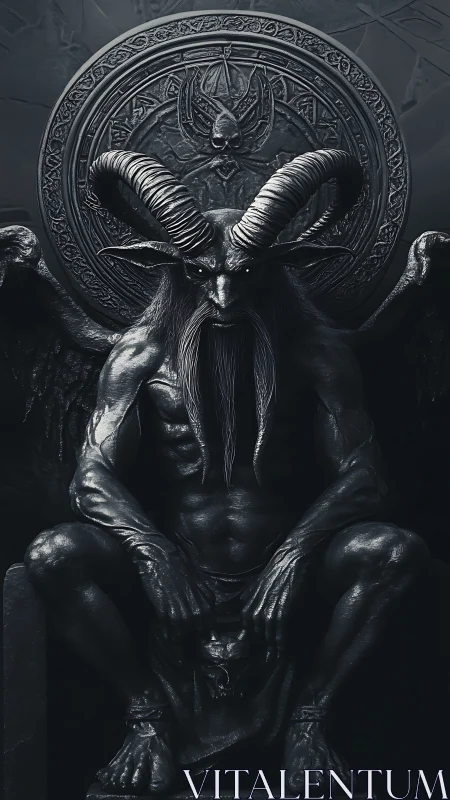 Shadowed horned guardian on an ominous stone throne.