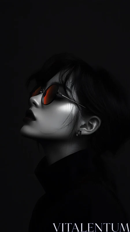 Side profile portrait with red reflective sunglasses in dark.