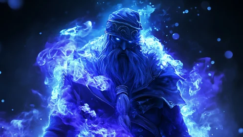Arcane spectral mage forged in luminous cobalt plasma storm