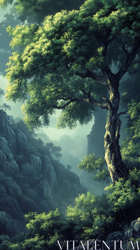 Ancient tree stands in misty canyon surrounded by layered foliage.