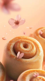 Delicate pastries adorned with pink flowers in soft light.