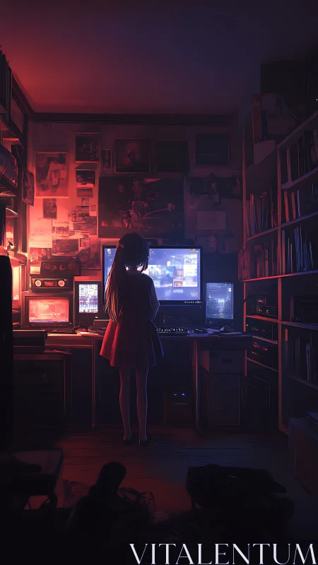 Girl stands before multi-monitor workstation in dim study
