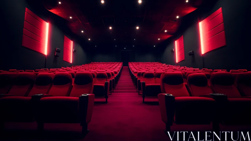 Empty red cinema auditorium with central aisle and soft neon lighting