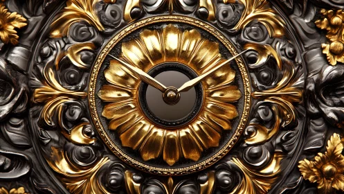 Ornate Baroque Clock Face with Gold and Black Details.