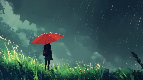 Figure with red umbrella stands on grassy slope in heavy rain