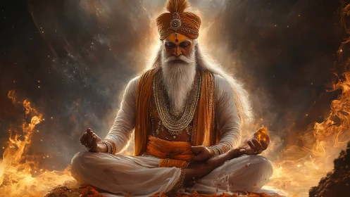 Elderly robed figure in meditation amid surrounding flames.