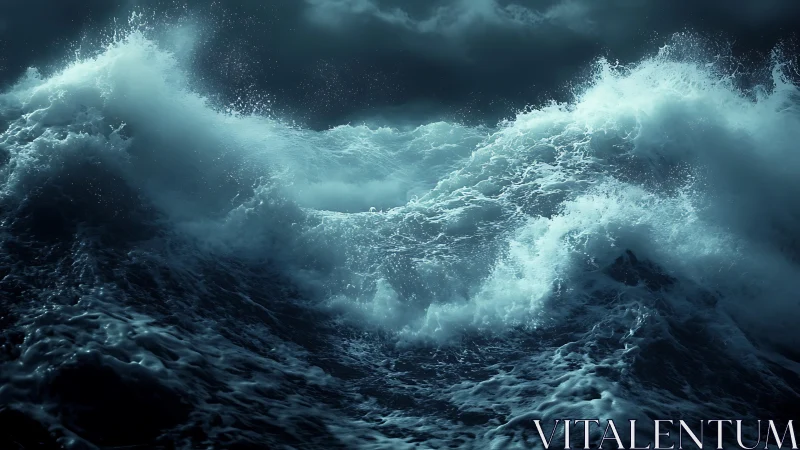 Powerful storm waves under dark turbulent sky.