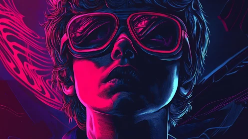 Neon-lit portrait shows retro youth in oversized goggles