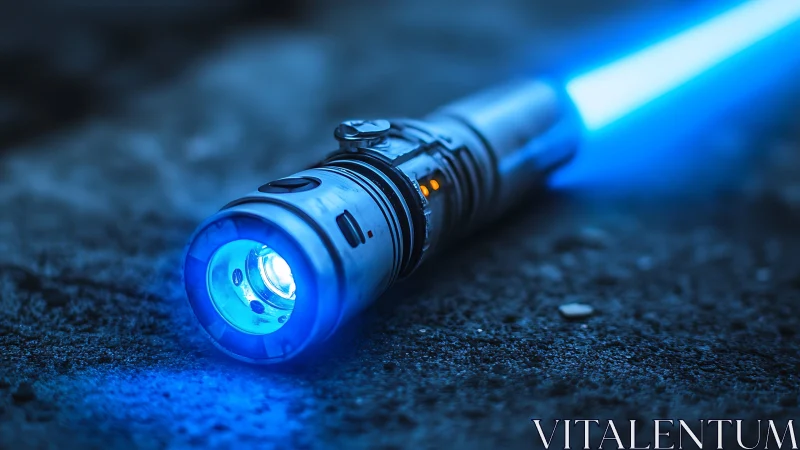 Blue sci fi energy sword hilt glows on rough ground.