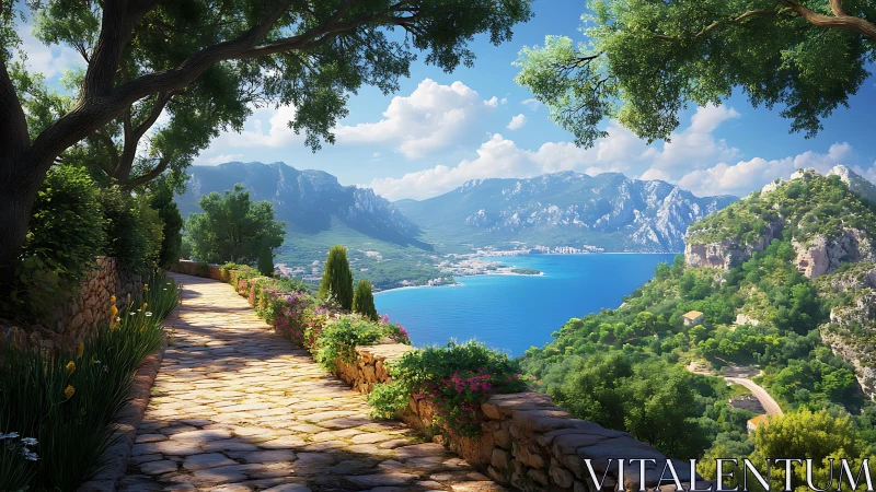 Sunlit stone terrace above turquoise coastal bay view.