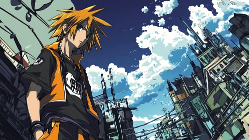 Angular cel-shaded anime teen in tilted urban skyline perspective