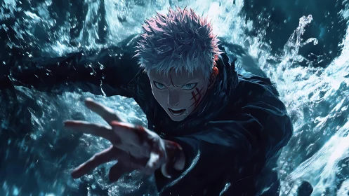 Storm-scarred warrior lunges through crashing tidal fury.