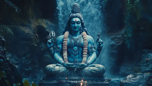 Divine Shiva statue under cascading waterfall in blue glow.