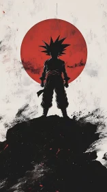 Silhouetted warrior before large red rising sun emblem.