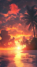 Tropical shoreline sunset with luminous crimson cloudscape.