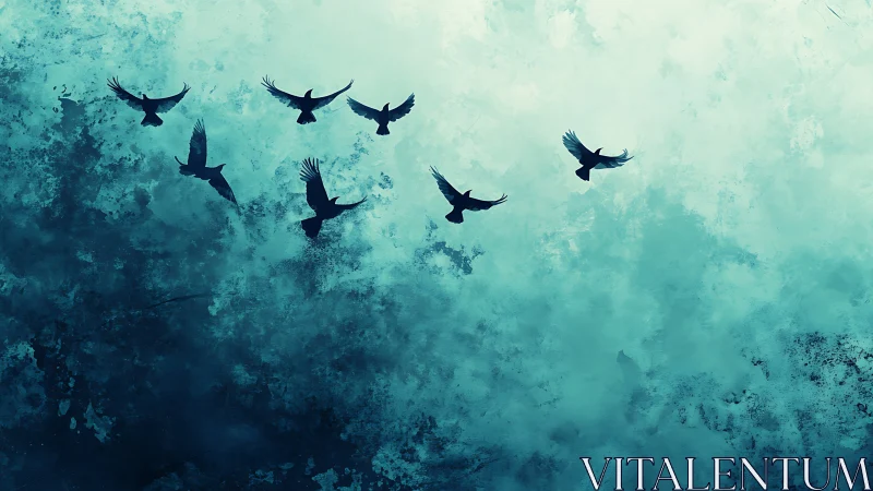 Silhouetted birds in flight over textured teal sky field.