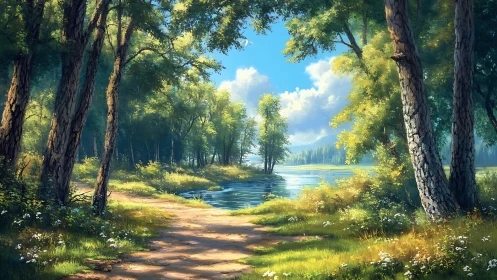 Luminous Forest River Path Through Ancient Woodland.