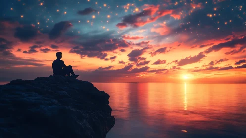 Silhouette observer on promontory under star‑streaked sunset sky.