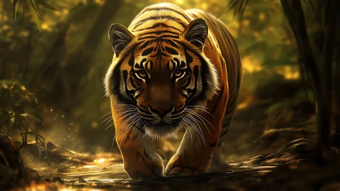 Tiger stalks sunlit jungle path with intense forward gaze