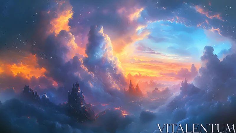 Celestial cloudscape unveils glowing mountains at sunrise.