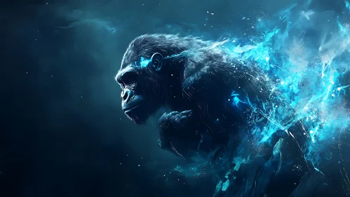 Stellar gorilla erupts in electric blue cosmic splinters.