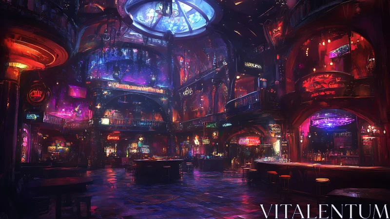Futuristic cyberpunk nightclub interior glows with neon light