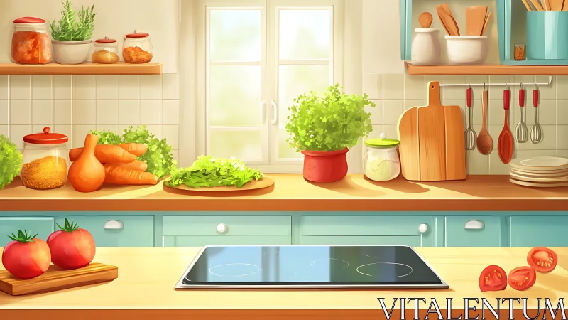 Digital illustration depicts organized kitchen with fresh produce