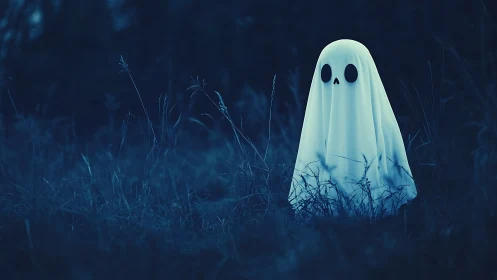 Small sheet ghost figure standing alone in dark field.