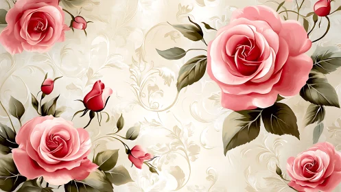Damask Rose Botanical Composition with Ornamental Scrollwork Pattern