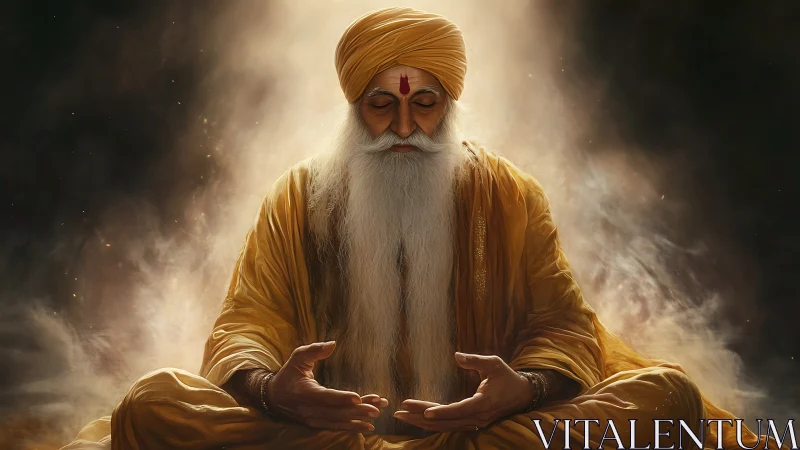 Golden-robed sage in radiant meditative stillness.