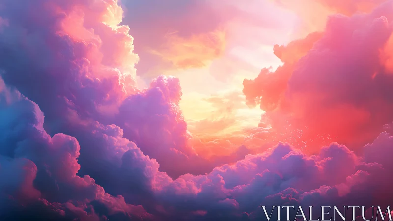 Radiant sunset clouds in saturated pink and violet sky.
