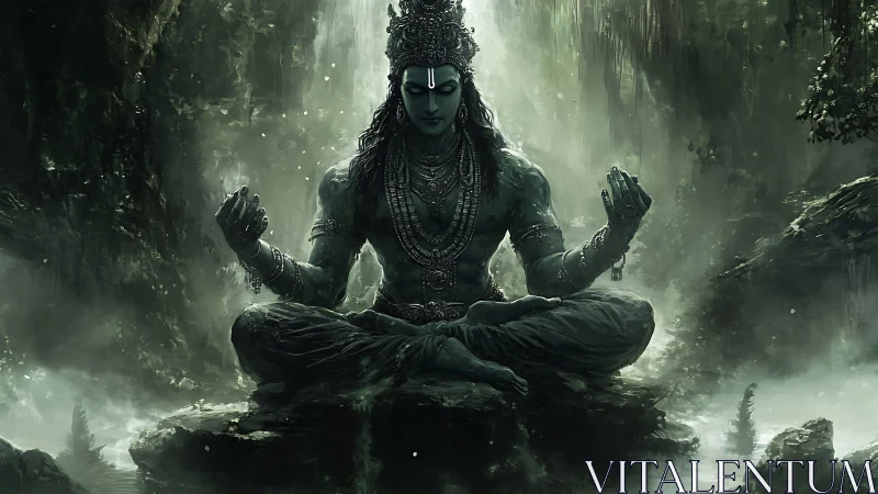 Forest-born meditating deity in storm-kissed emerald stillness.