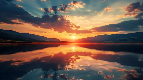Symmetrical lake horizon with sun, clouds, hills, reflections.