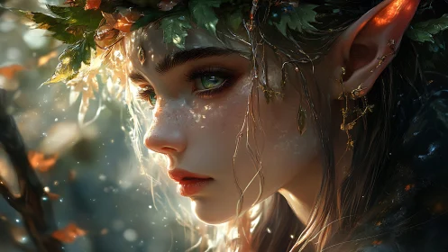 Side profile depicts an elf-like figure with foliage adornment