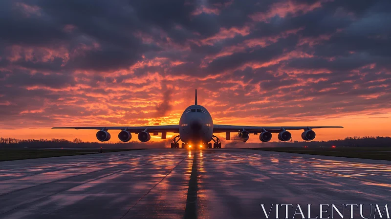 Cargo jet readies for dawn departure under vivid sunrise sky