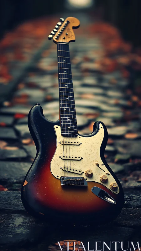 Sunburst electric guitar on wet cobblestone path at dusk.