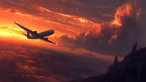 Airliner banking over dystopian city under stratified sunset.