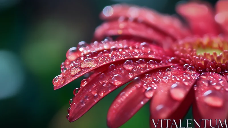 Red daisy petals curve under dew in tight macro focus