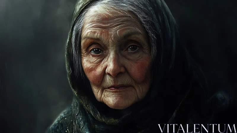 Photorealistic elderly portrait with chiaroscuro headscarf study.