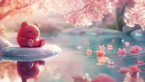 Pink bear figurine sits on river rock beneath cherry blossoms