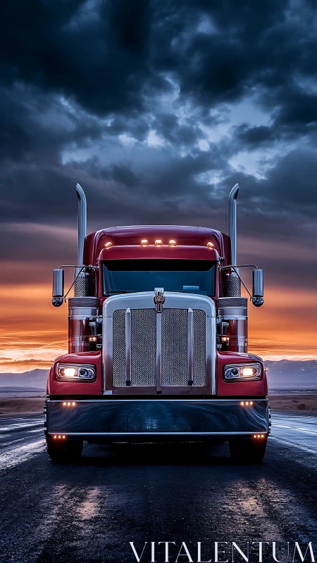 Red semi truck under stormy sunset sky on wet highway.