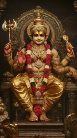 Golden Hindu deity statue seated on ornate throne.