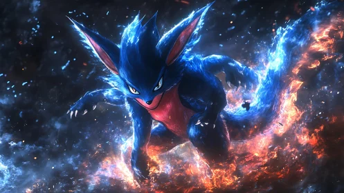 Elemental fox warrior channels blue flame power storm.