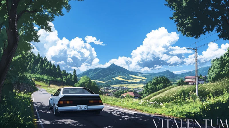 White sports car on rural road facing distant mountain valley