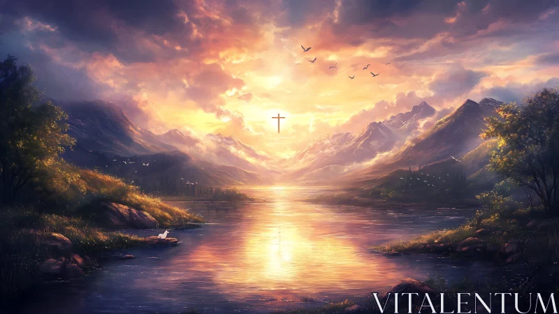 Radiant alpine lake at sunset with levitating luminous cross.