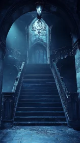 Haunting blue-lit stone staircase in decayed gothic hall.